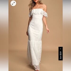 Lulu’s Love is Forever White Lace Off-The-Shoulder Ruffled Maxi Dress
